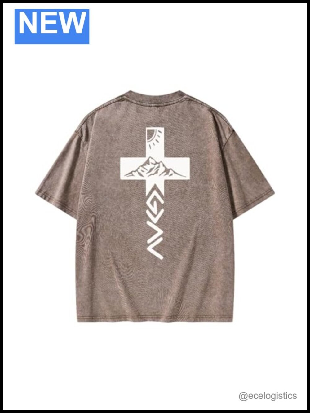 Oversized Cotton Crew Neck T-Shirt with Lion Graphic Religious Cross